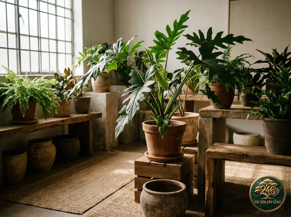 Ảnh phối cảnh Ráy lá đa hình Alocasia heterophylla trong không gian nội thất Biophilic hiện đại