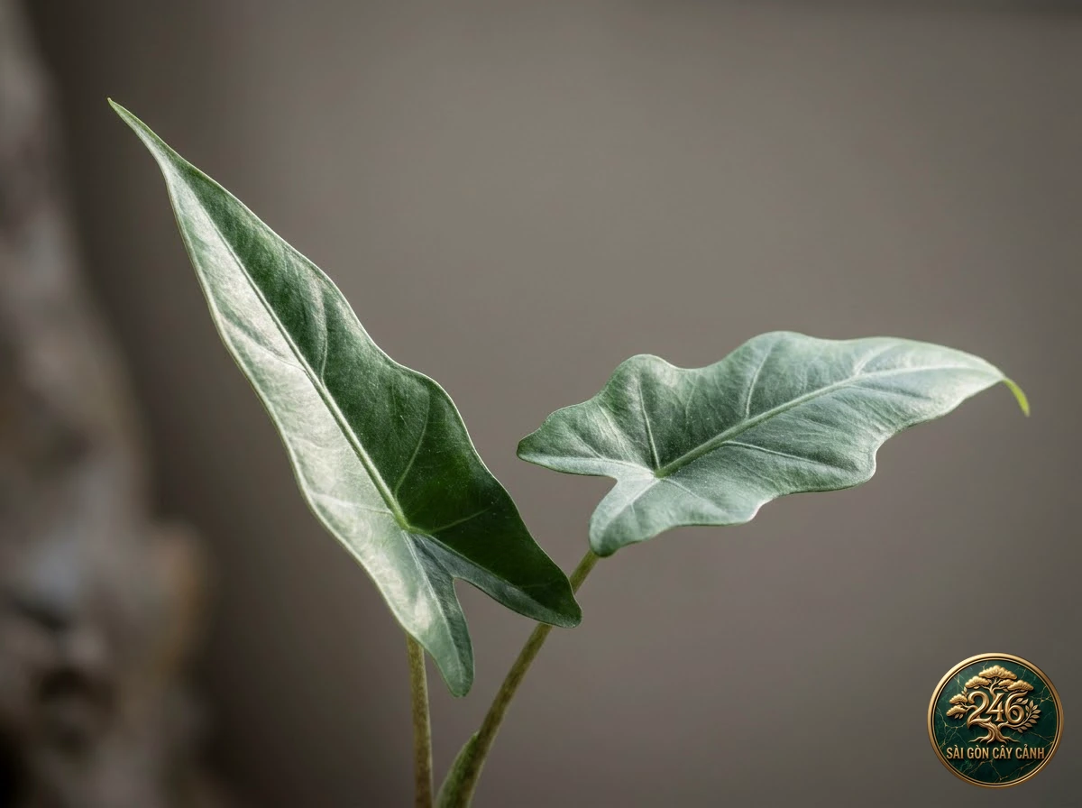 Ảnh chi tiết Ráy lá đa hình Alocasia heterophylla: đặc điểm nhận diện hình thái học lá và thân