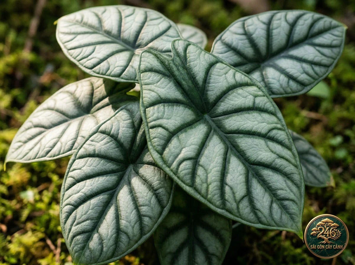Ảnh chi tiết Ráy vảy rồng bạc Alocasia baginda: đặc điểm nhận diện hình thái học lá và thân