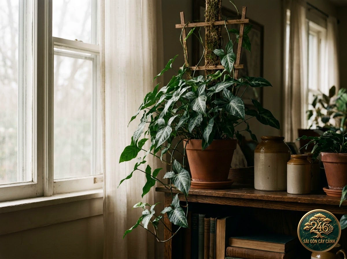 Ảnh phối cảnh Tróc bạc nhung sọc bạc Syngonium wendlandii trong không gian nội thất Biophilic hiện đại