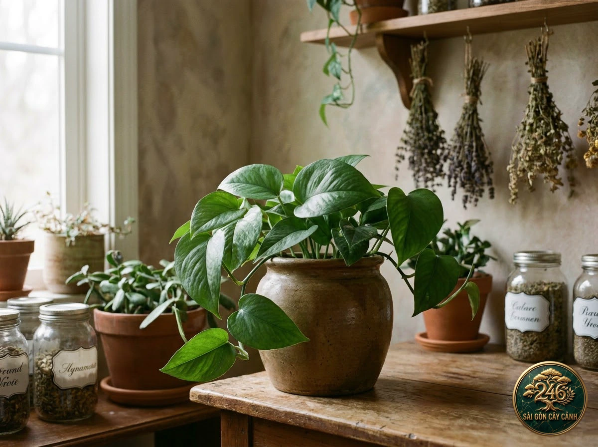 Ảnh phối cảnh Trầu bà thảo dược Scindapsus officinalis trong không gian nội thất Biophilic hiện đại