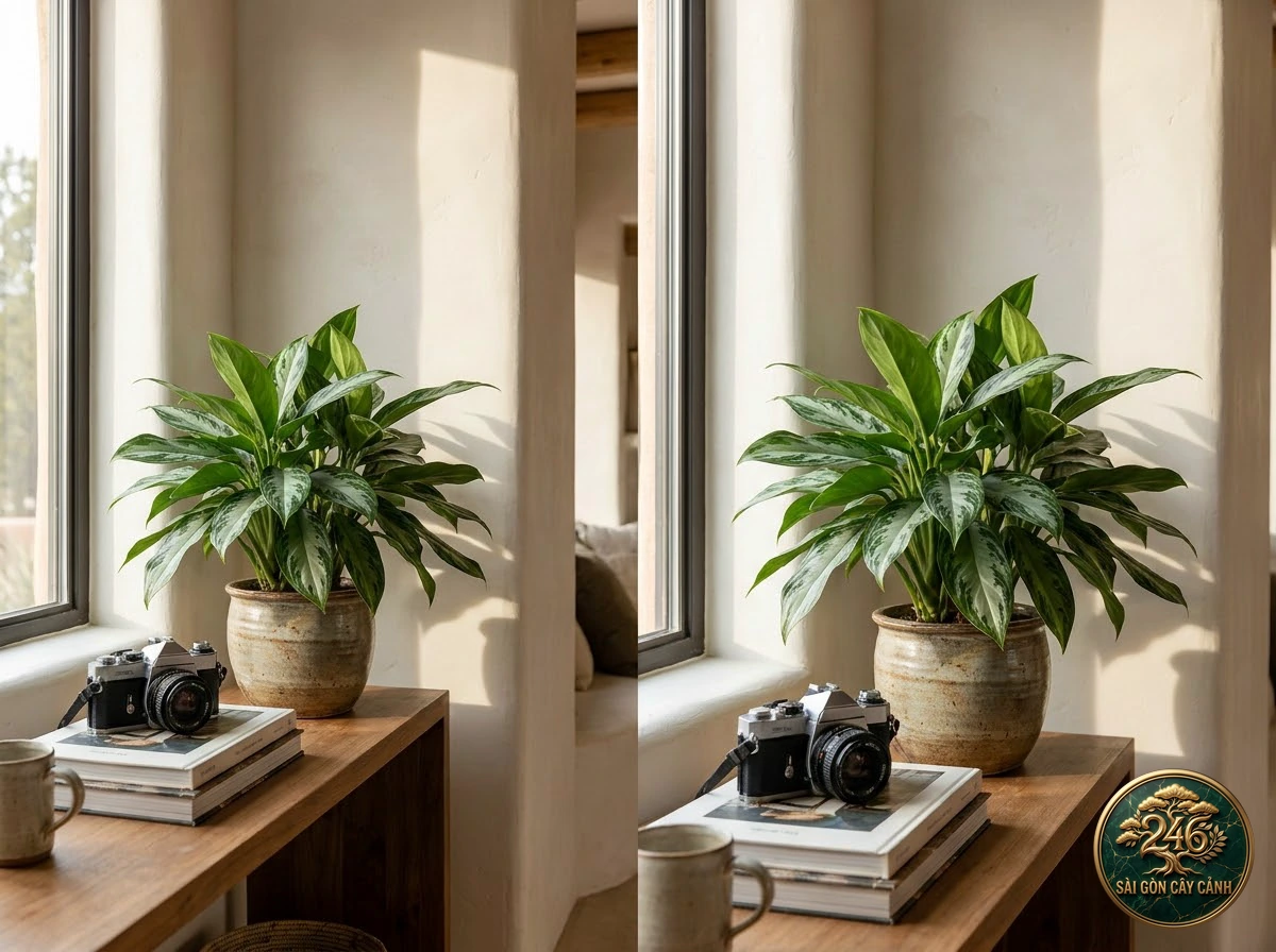 Ảnh phối cảnh Vạn lộc lá bóng mượt Aglaonema nitidum trong không gian nội thất Biophilic hiện đại