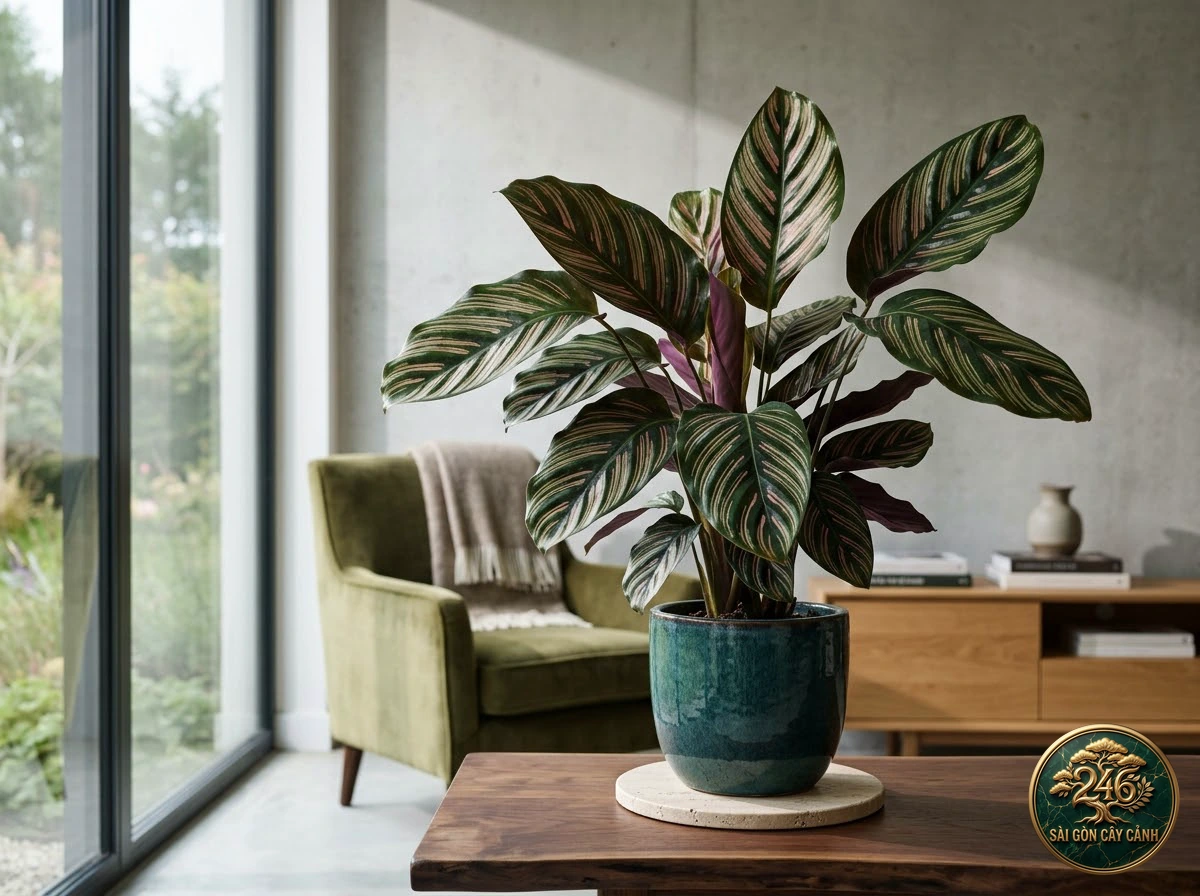 Rose-painted calathea: in a living space