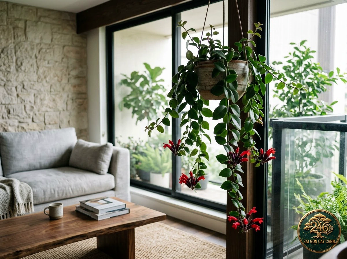 Cây son môi hoa đỏ (Aeschynanthus radicans): bo tri trong khong gian song