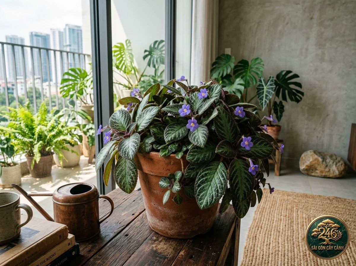 Cây lá gấm hoa cà (Episcia lilacina): bo tri trong khong gian song