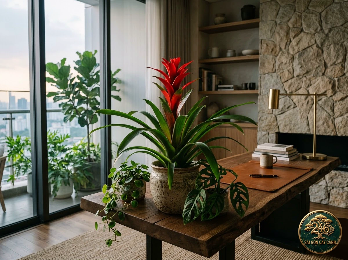 Cây phong lộc hoa đỏ cam (Guzmania lingulata): bo tri trong khong gian song