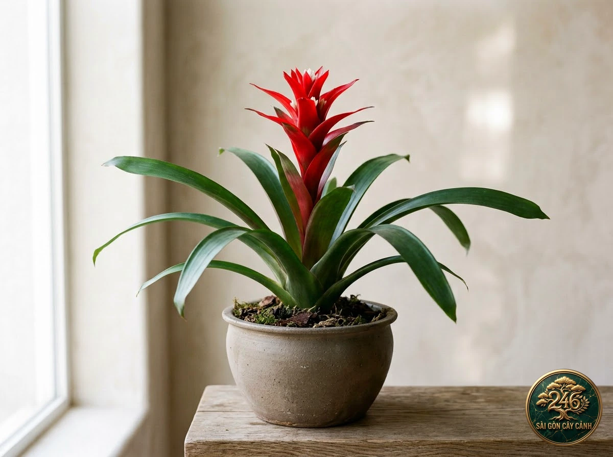 Cây phong lộc hoa đỏ cam (Guzmania lingulata): dac diem nhan dien