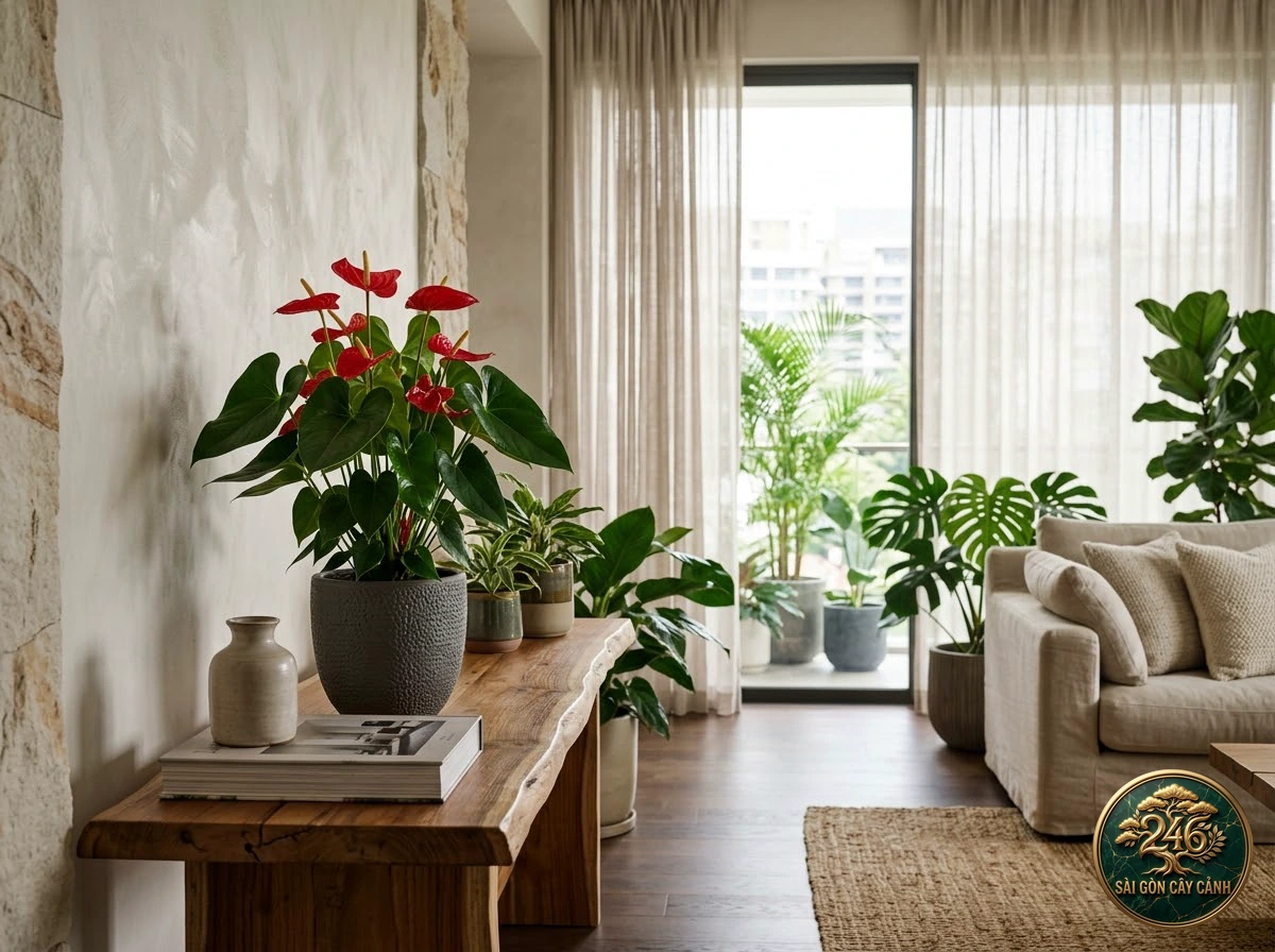 Hồng môn hoa đỏ ngọc (Anthurium andraeanum): bố trí trong không gian sống