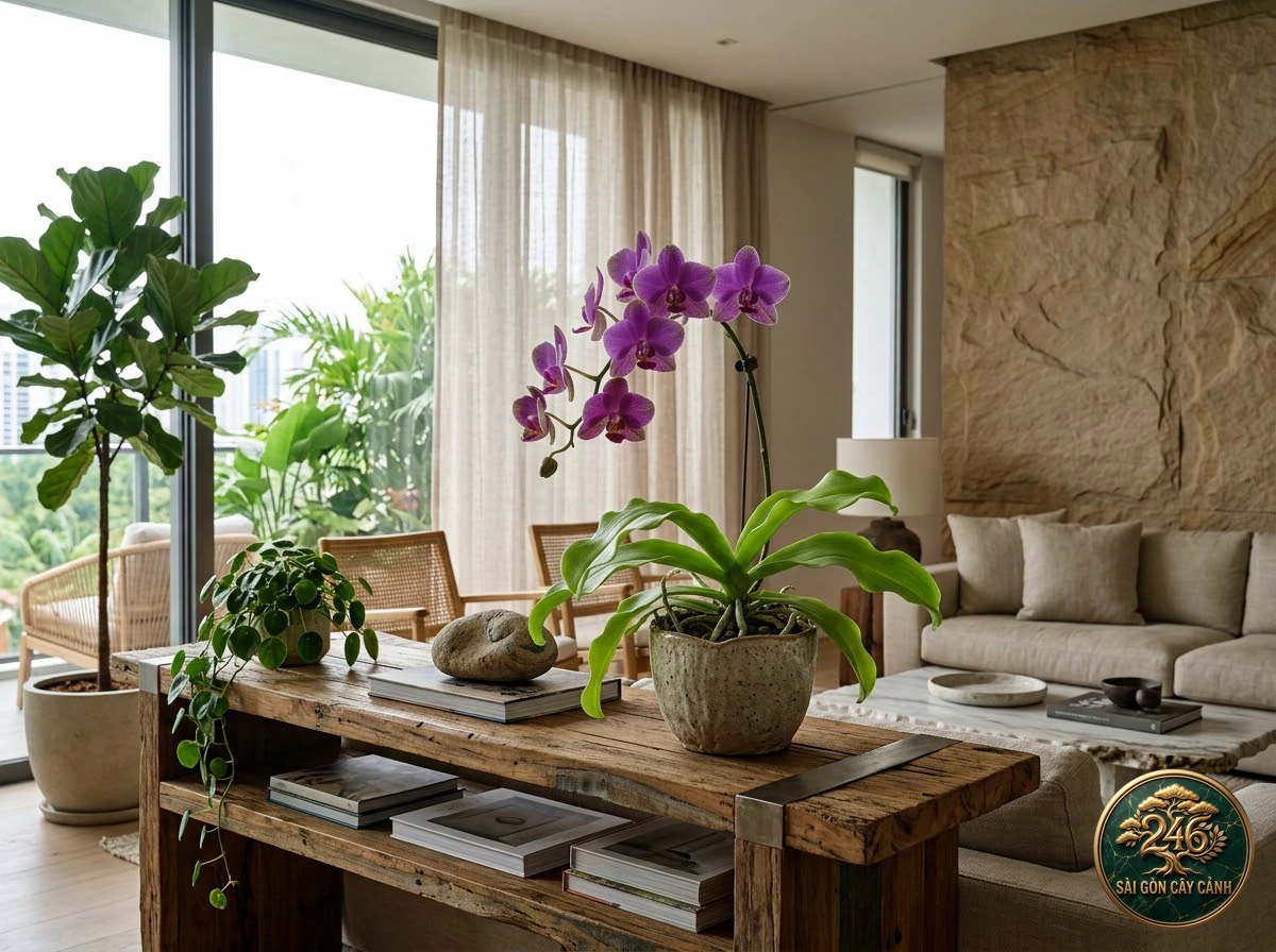 Violet moth orchid (Phalaenopsis violacea): interior living-space styling