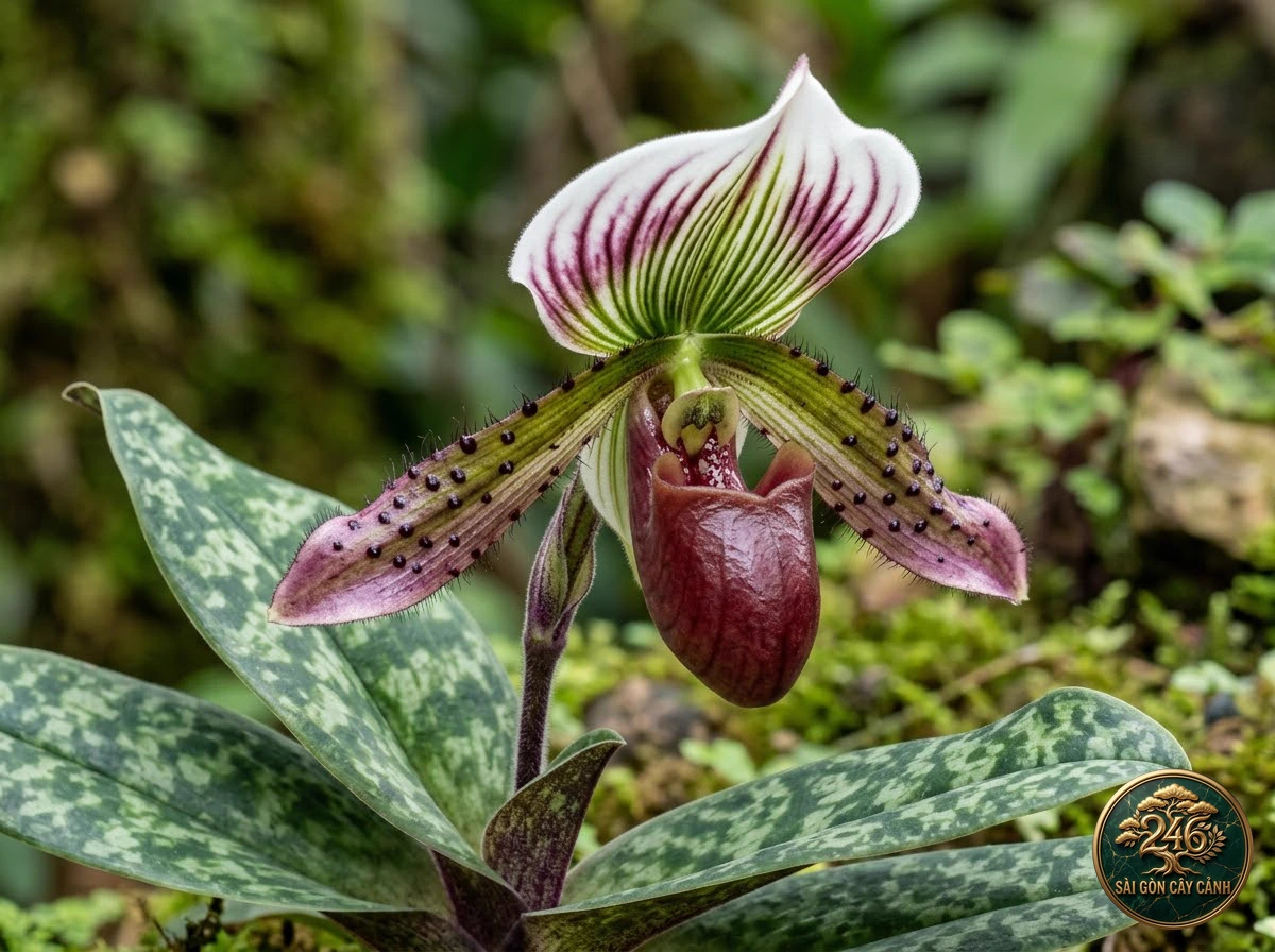 Callous paphiopedilum (Paphiopedilum callosum) - Identification close-up Saigon Cay Canh standard