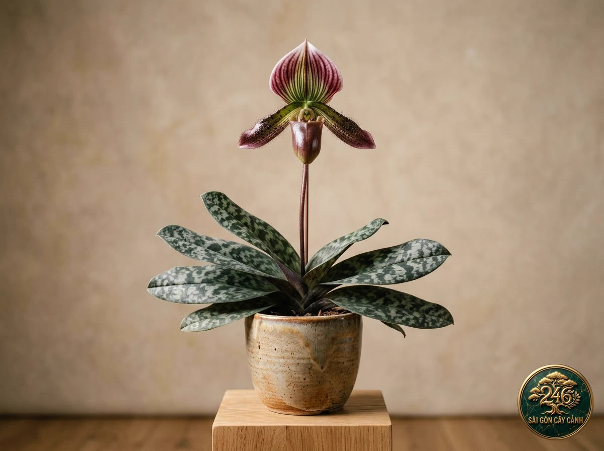 Lan hài vân gấm đài hoa cong (Paphiopedilum callosum) - Chân dung hình thái chuẩn Sài Gòn Cây Cảnh