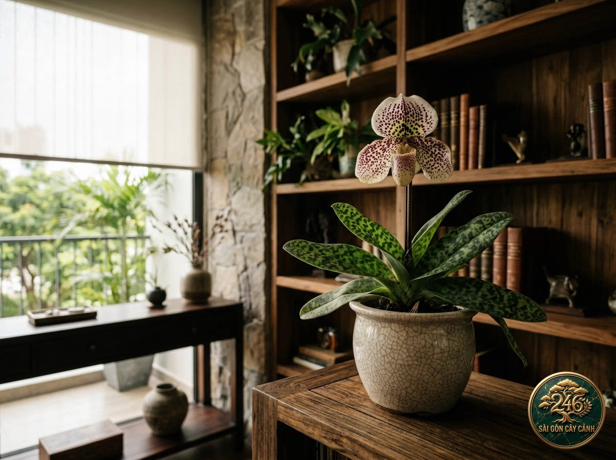 Lovely paphiopedilum (Paphiopedilum bellatulum) - Interior styling Saigon Cay Canh standard