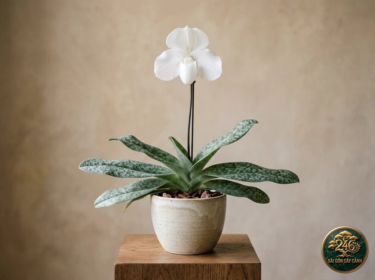 Lan hài trắng tuyết nguyên sơ (Paphiopedilum niveum) - Chân dung hình thái chuẩn Sài Gòn Cây Cảnh