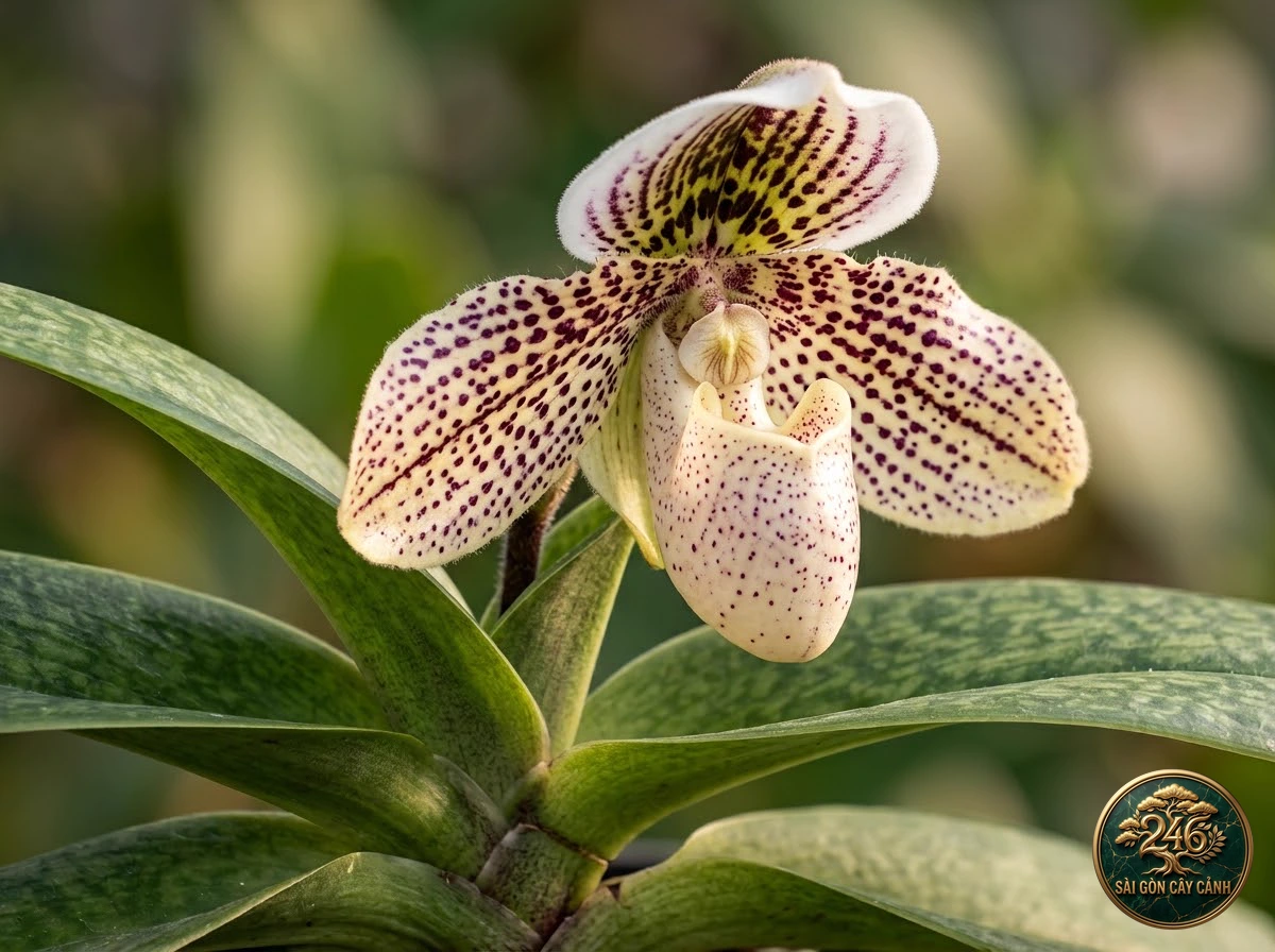 Godefroy's paphiopedilum (Paphiopedilum godefroyae) - Identification close-up Saigon Cay Canh standard