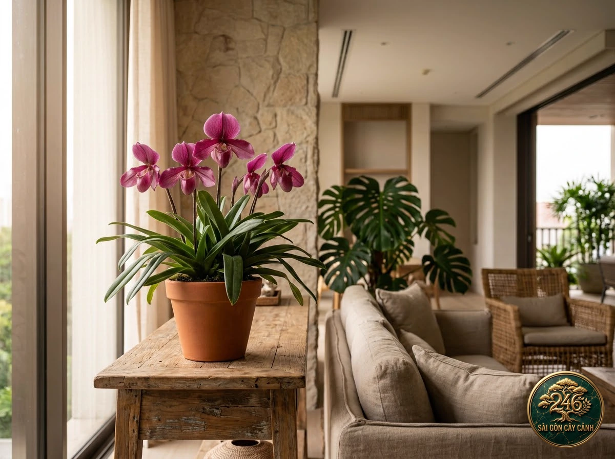 Lan hài đốm hồng tím henry (Paphiopedilum henryanum) - Ứng dụng không gian chuẩn Sài Gòn Cây Cảnh