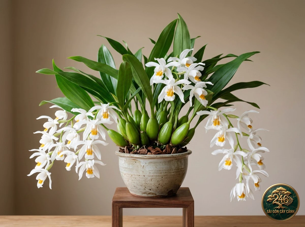 Lan hoàng thảo tuyết ngọc mào vàng (Coelogyne cristata) - Chân dung hình thái chuẩn Sài Gòn Cây Cảnh
