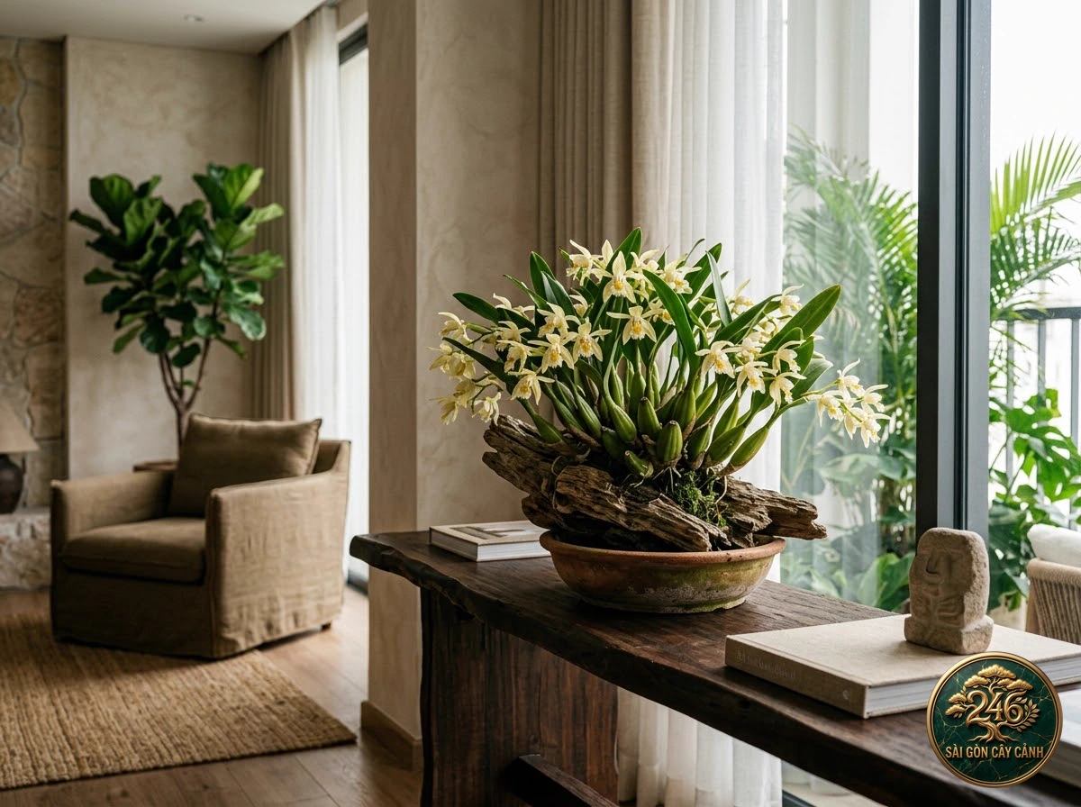 Lan hoàng thảo môi tua mini (Coelogyne fimbriata) - Ứng dụng không gian chuẩn Sài Gòn Cây Cảnh