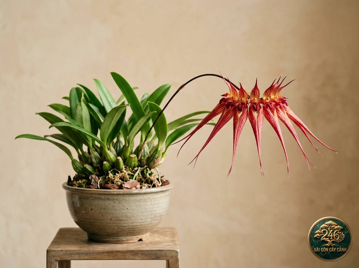 Lan lọng quạt rothschild hoa đỏ (Bulbophyllum rothschildianum) - Chân dung hình thái chuẩn Sài Gòn Cây Cảnh