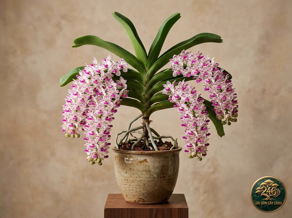 Lan ngọc điểm đai châu nghinh xuân (Rhynchostylis gigantea) - Chân dung hình thái chuẩn Sài Gòn Cây Cảnh