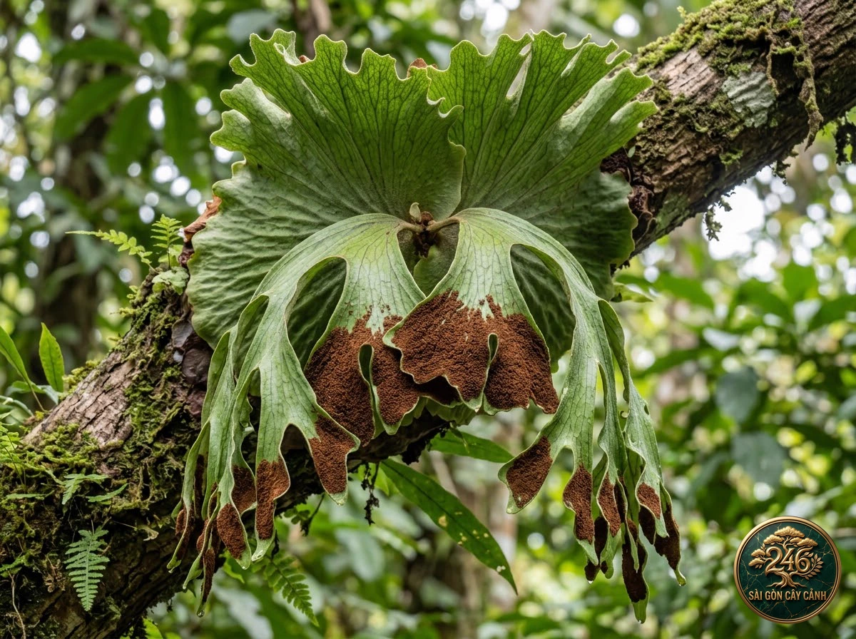 Crown staghorn fern (Platycerium coronarium) - Identification close-up Saigon Cay Canh standard
