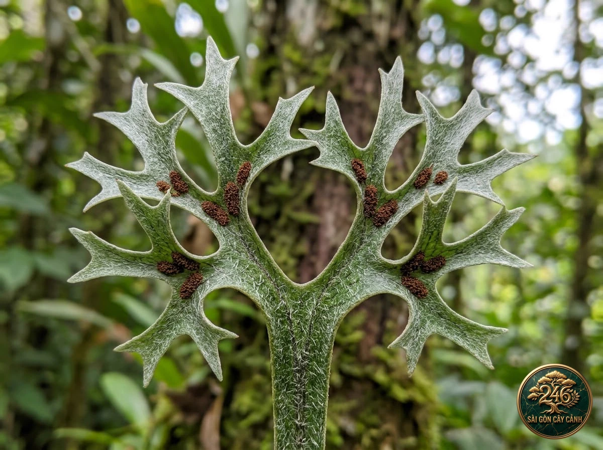 Triangle staghorn fern (Platycerium stemaria) - Identification close-up Saigon Cay Canh standard