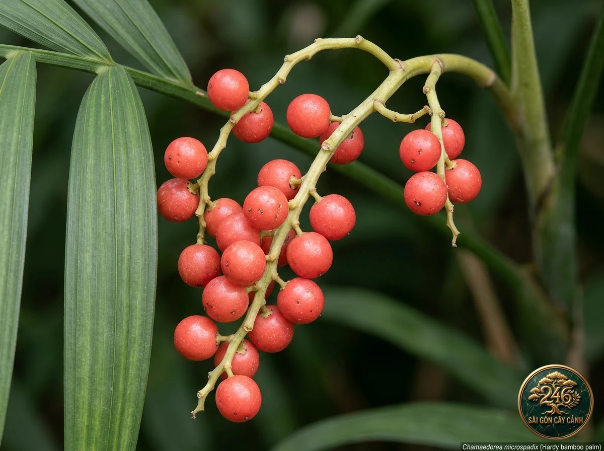 Cau trúc trái đỏ quả ngọc (Chamaedorea microspadix) - Đặc điểm nhận diện chuẩn Sài Gòn Cây Cảnh