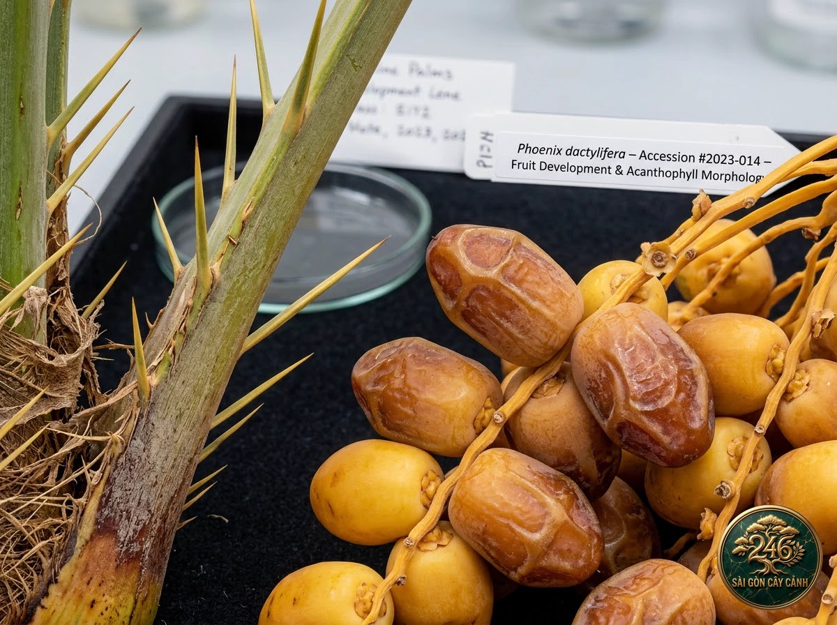 True date palm (Phoenix dactylifera) - Identification close-up Saigon Cay Canh standard