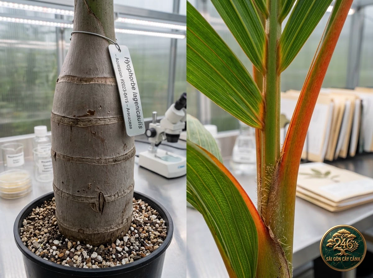 Bottle palm (Hyophorbe lagenicaulis) - Identification close-up Saigon Cay Canh standard