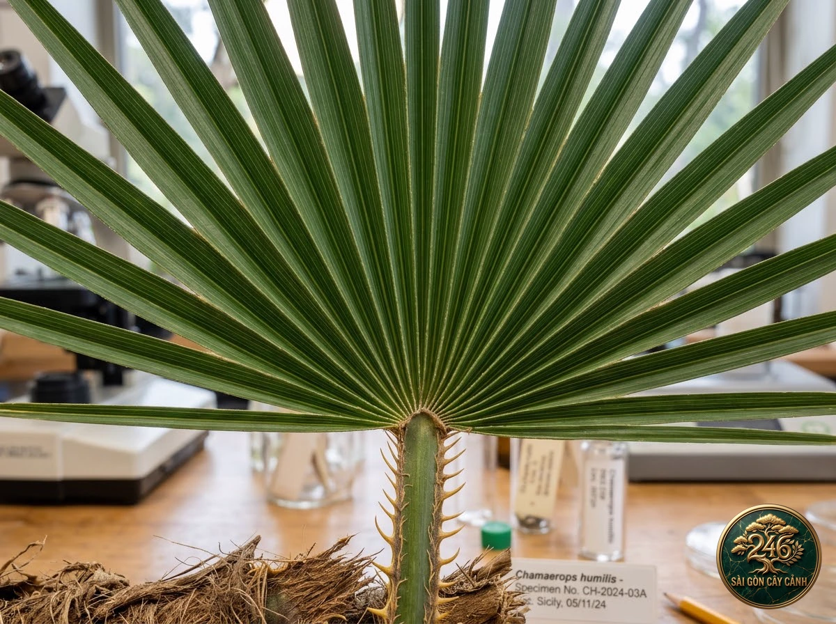 European fan palm (Chamaerops humilis) - Identification close-up Saigon Cay Canh standard