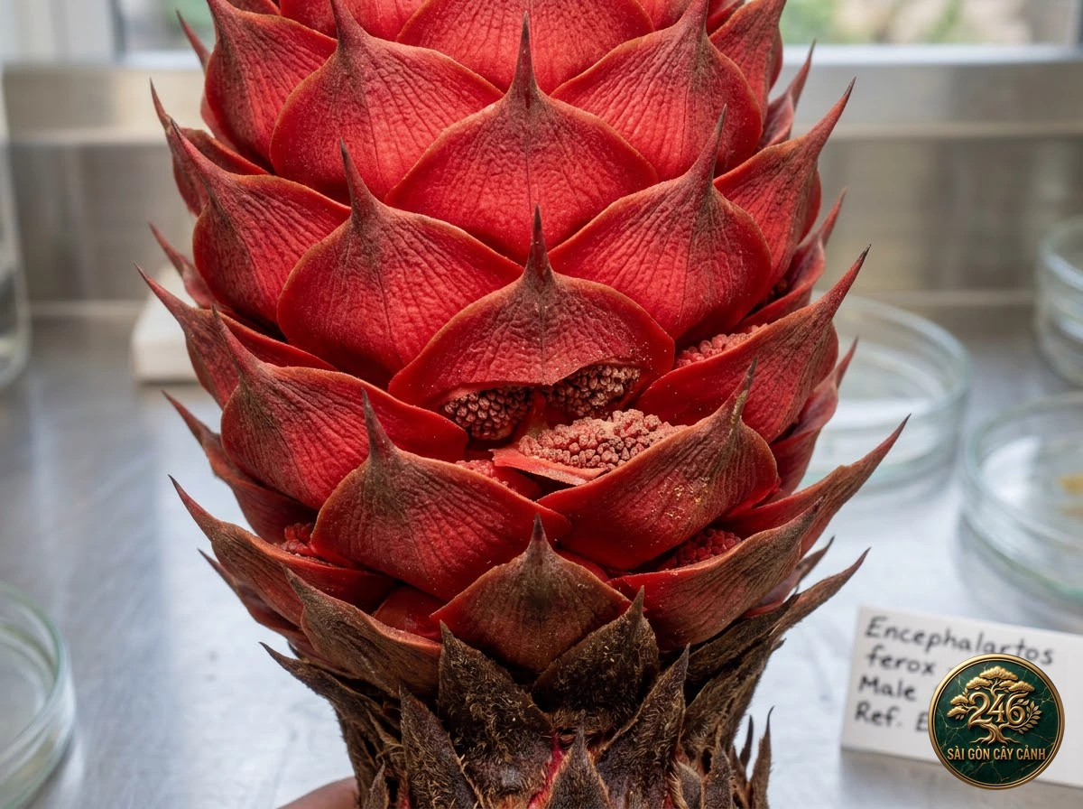 Cây cọ gai nón đỏ rực nam phi (Encephalartos ferox) - Đặc điểm nhận diện chuẩn Sài Gòn Cây Cảnh