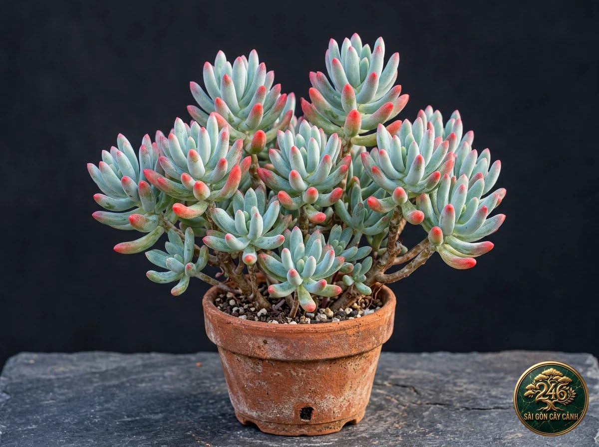 Sen đá ngón tay đầu đỏ ngọc (Sedum pachyphyllum) - Chân dung hình thái chuẩn Sài Gòn Cây Cảnh
