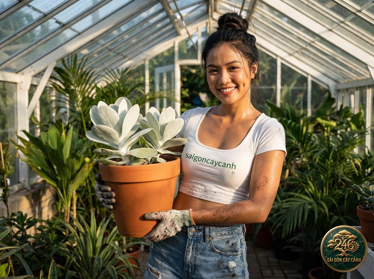 Sài Gòn Cây Cảnh brand ambassador caring for Flapjack kalanchoe