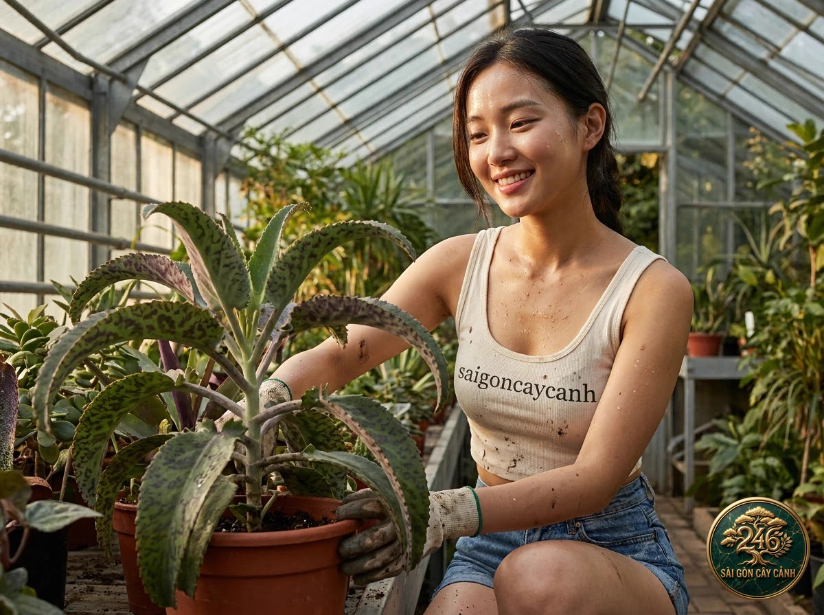 Sài Gòn Cây Cảnh brand ambassador caring for Donkey ears kalanchoe