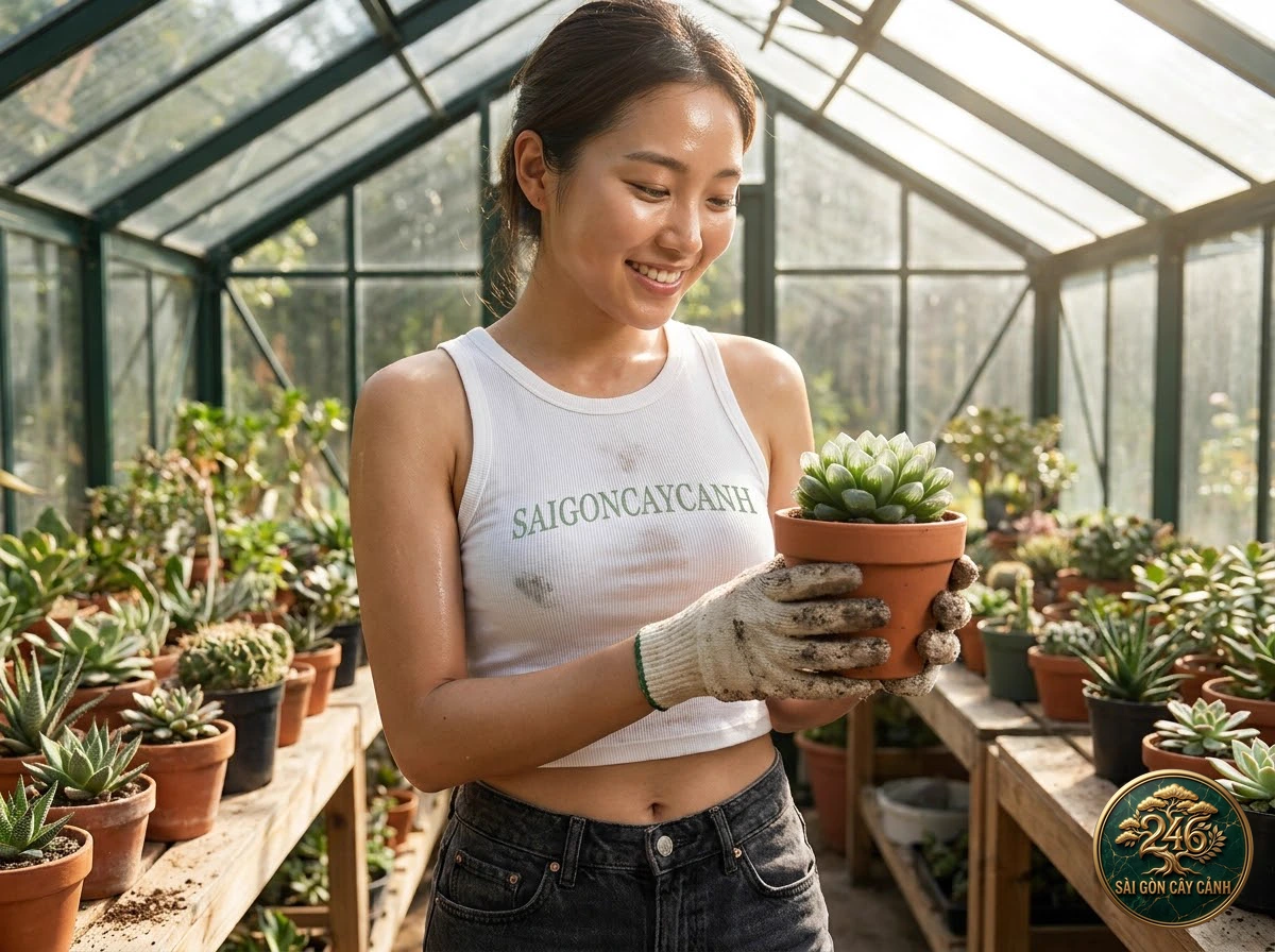 Sài Gòn Cây Cảnh brand ambassador caring for Cooper's translucent haworthia