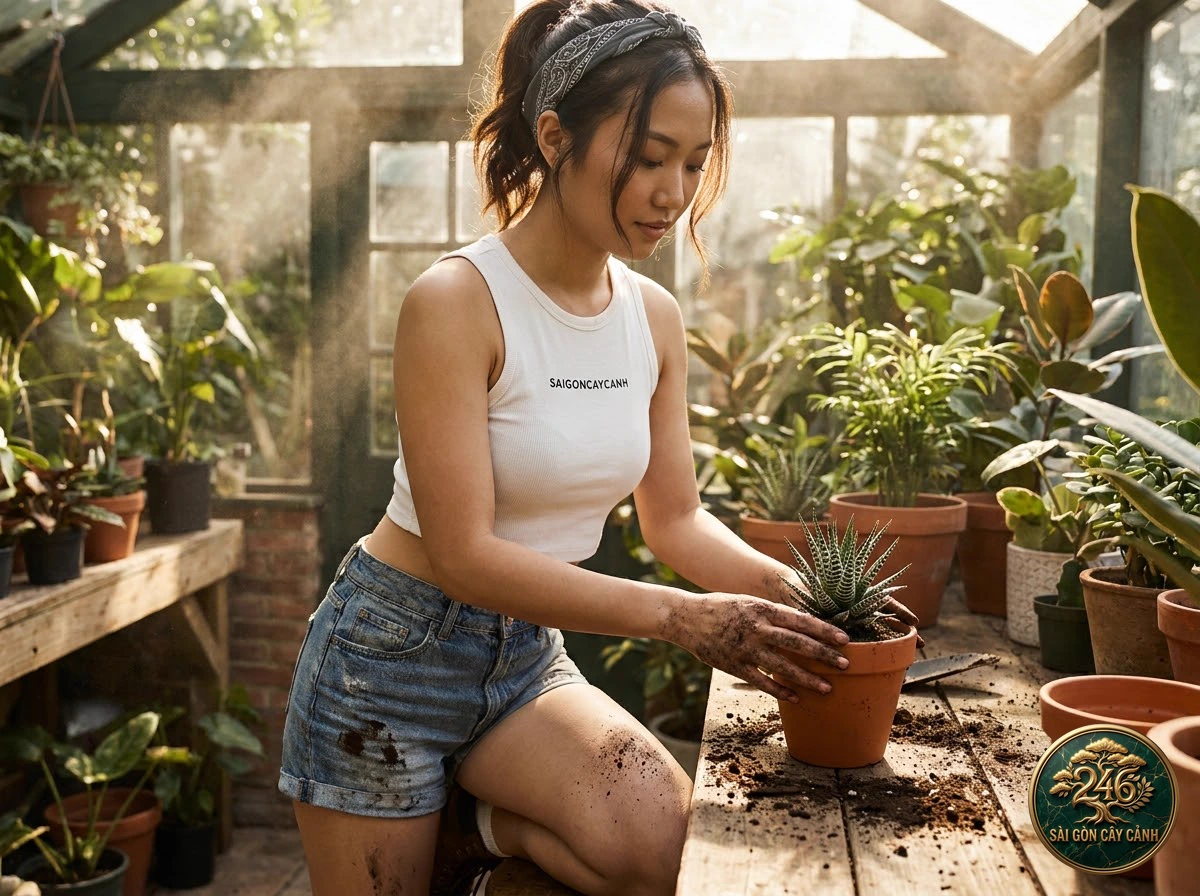 Sài Gòn Cây Cảnh brand ambassador caring for Zebra haworthia