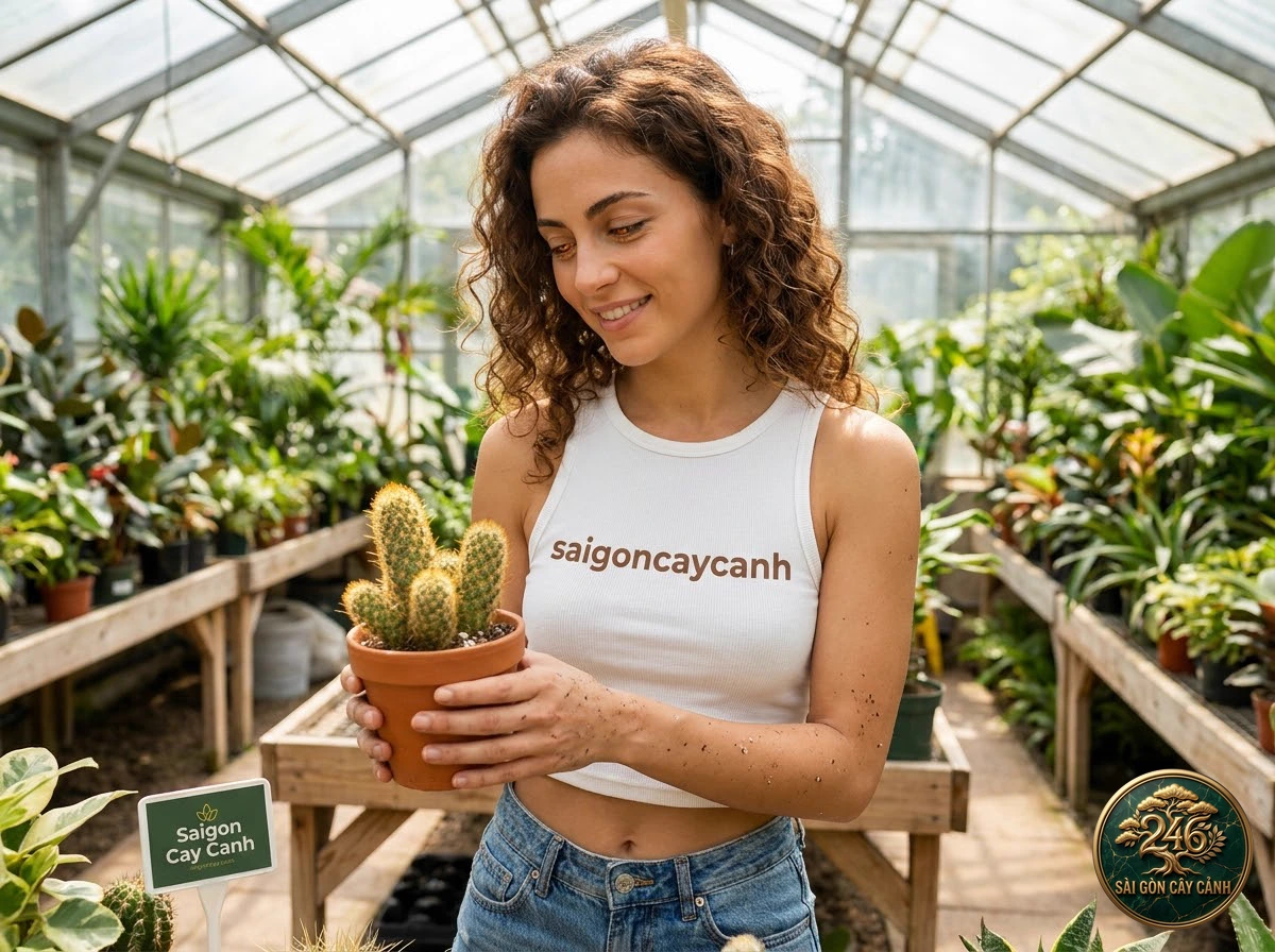 Saigon Cay Canh green living space featuring Ladyfinger Cactus