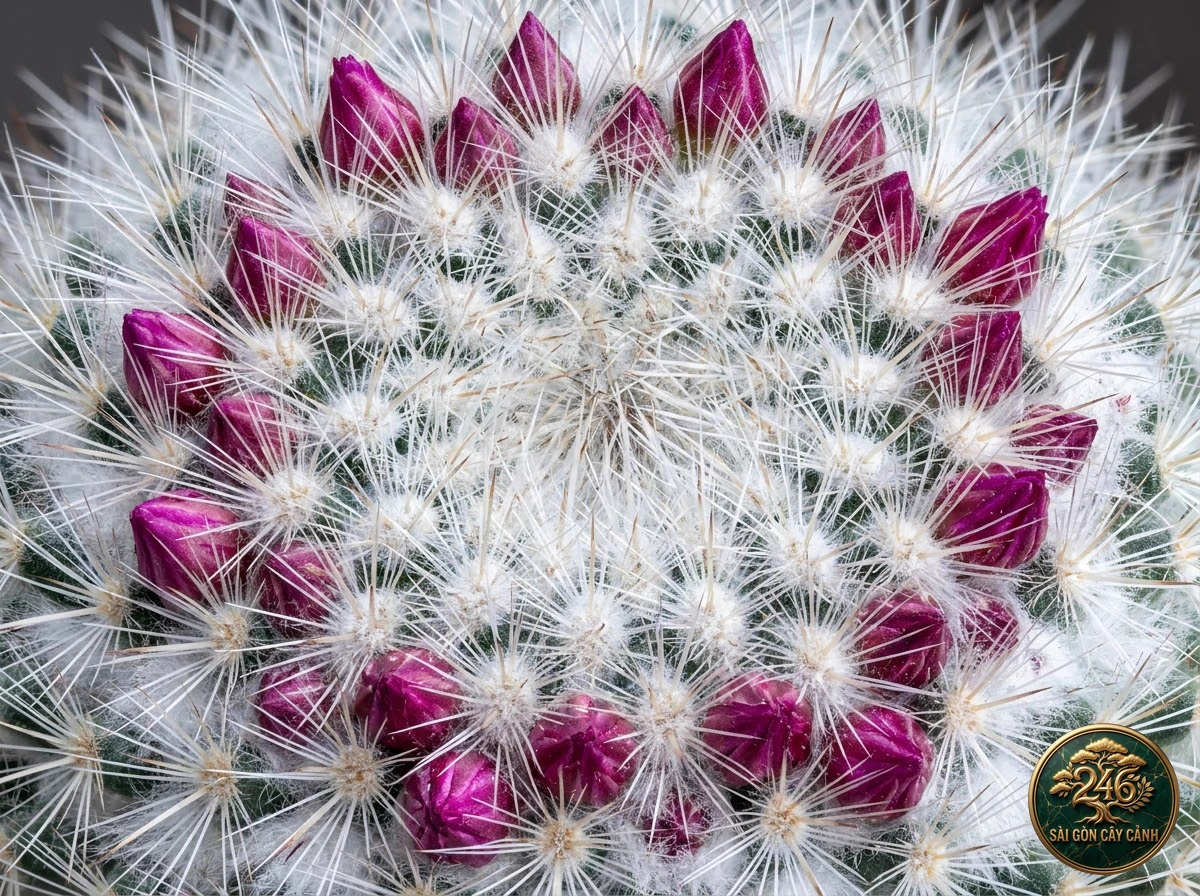 Đặc điểm nhận diện hình thái Xương rồng bà già tóc bạc hoa vòng (Mammillaria hahniana)