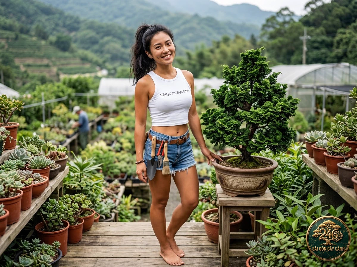 Ảnh thực vật Cây bách Hinoki: Khoảnh khắc chăm sóc tại vườn ươm Sài Gòn Cây Cảnh