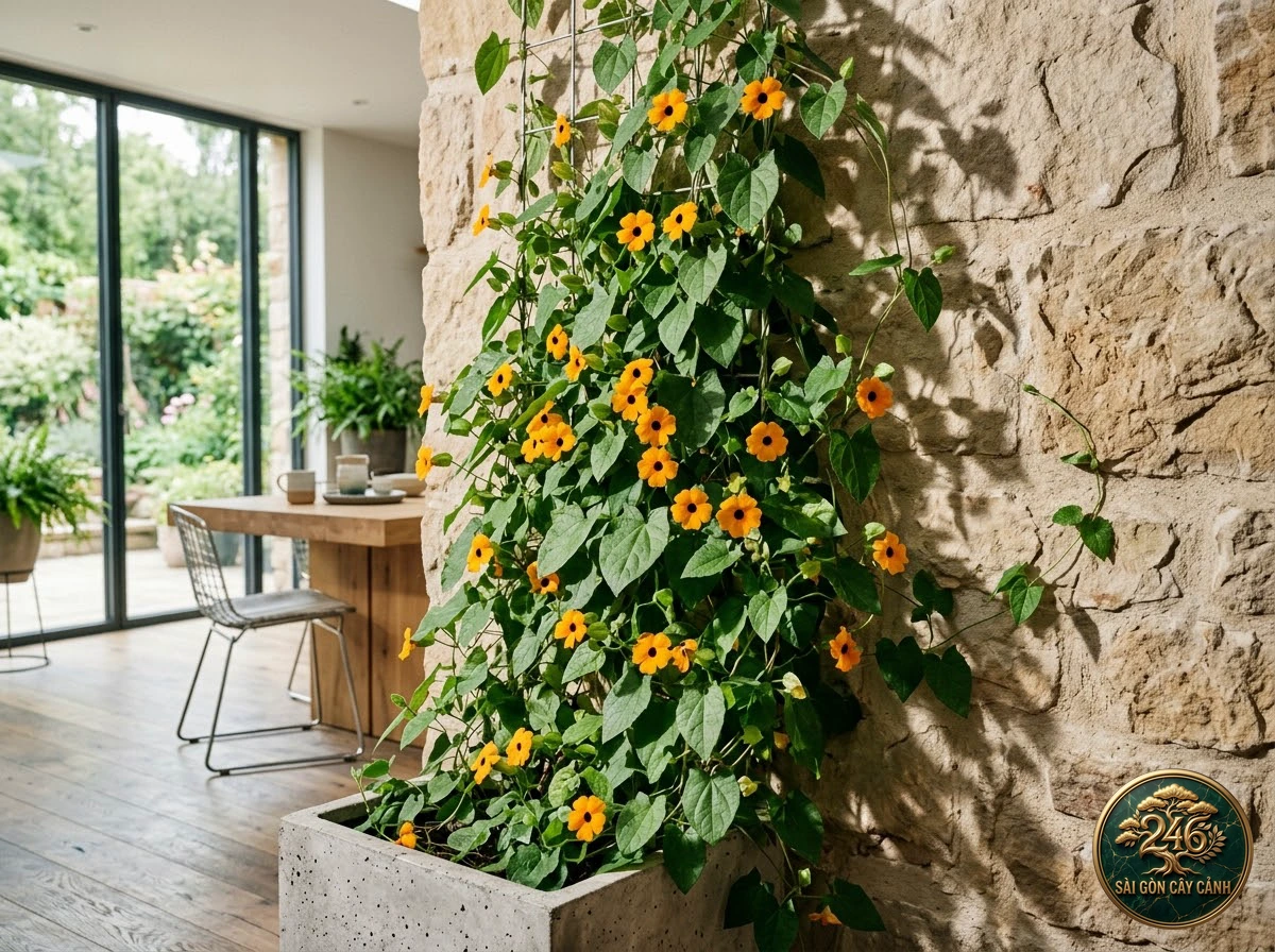 Đặc điểm nhận diện Cây hoa mắt huyền leo mắt đen cam (Thunbergia alata)