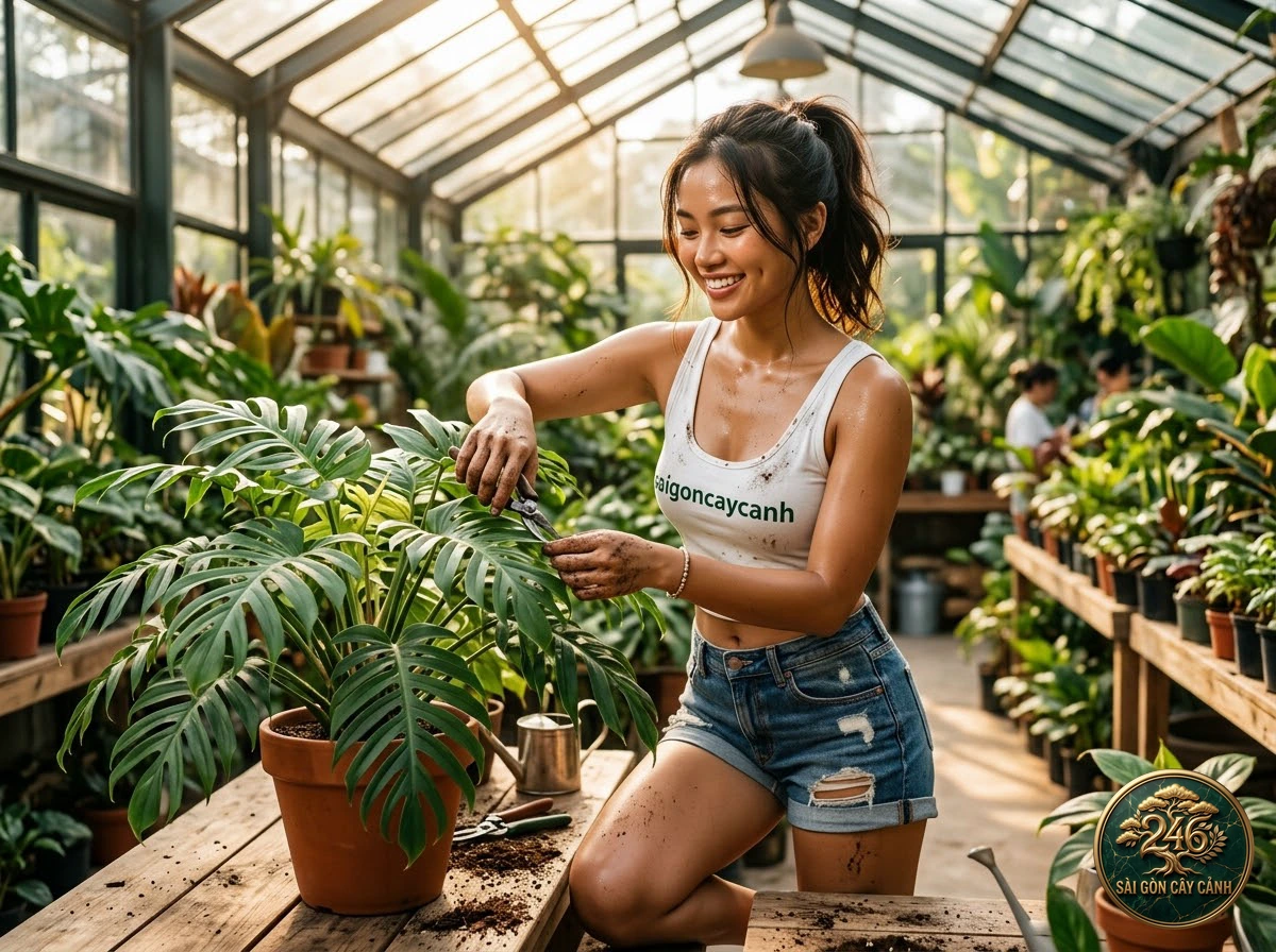 Hands-on plant care moments with Window-leaf monstera (Monstera obliqua) at Saigon Cay Canh