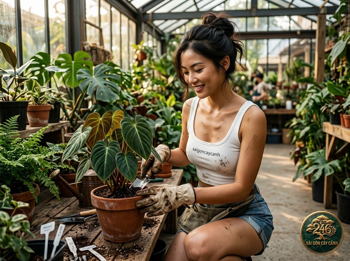 Hands-on plant care moments with Green-spotted philodendron (Philodendron microstictum) at Saigon Cay Canh
