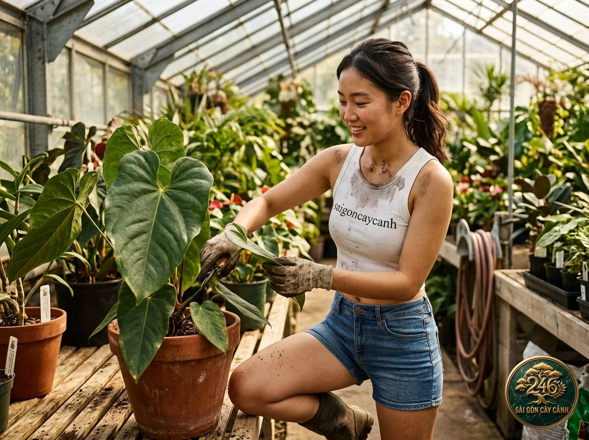Hands-on plant care moments with Fausto’s anthurium (Anthurium faustomirandae) at Saigon Cay Canh