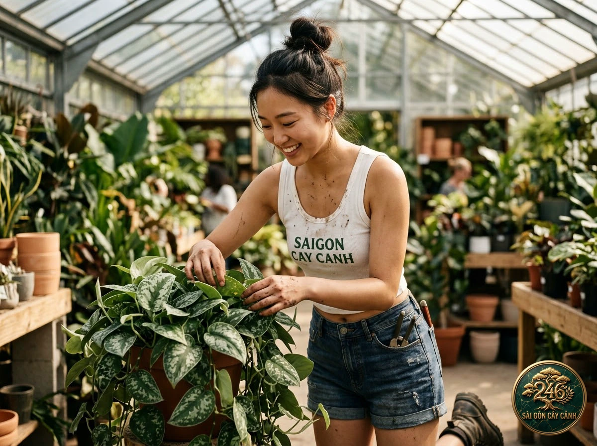 Hands-on plant care moments with Painted drop-tongue (Aglaonema crispum) at Saigon Cay Canh