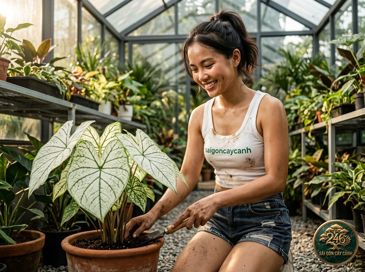Hands-on plant care moments with Dagua dumb cane (Dieffenbachia daguensis) at Saigon Cay Canh