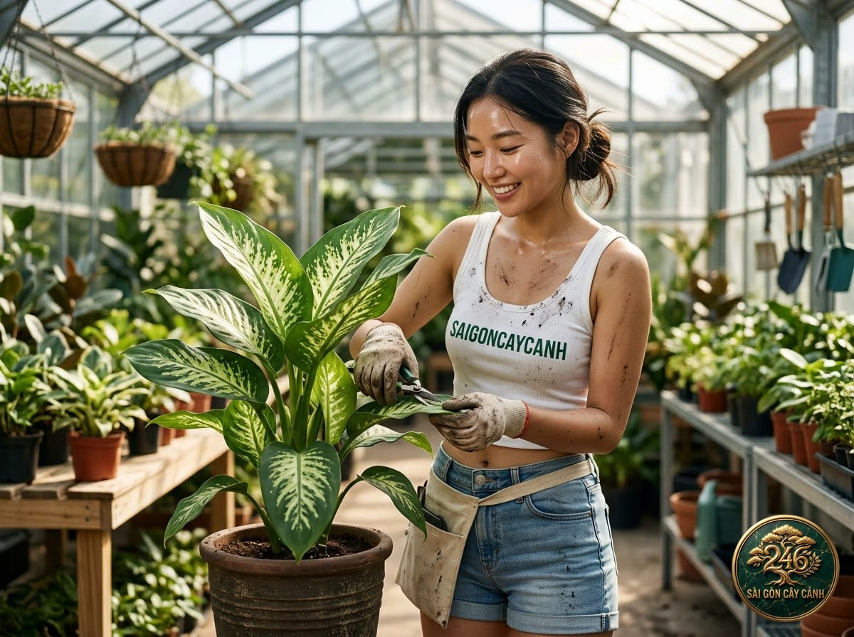 Hands-on plant care moments with Parlatore’s dumb cane (Dieffenbachia parlatorei) at Saigon Cay Canh