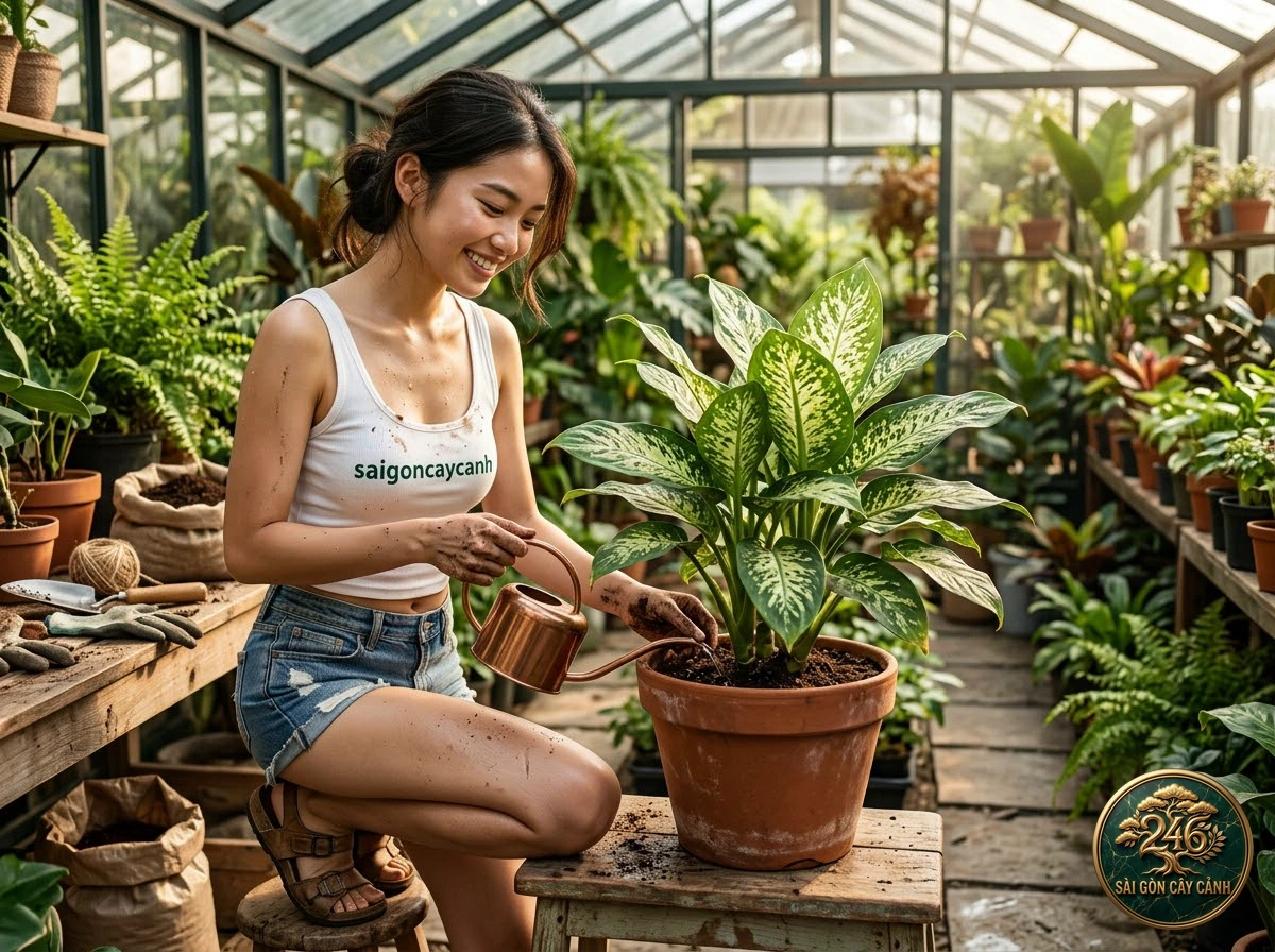 Hands-on plant care moments with Heart of Jesus (Caladium bicolor) at Saigon Cay Canh