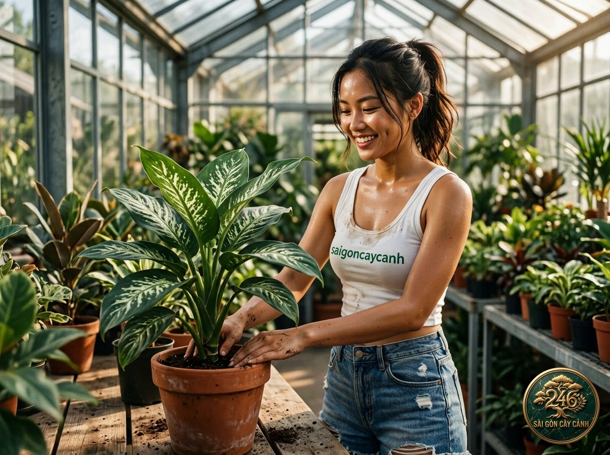 Hands-on plant care moments with Humboldt’s caladium (Caladium humboldtii) at Saigon Cay Canh
