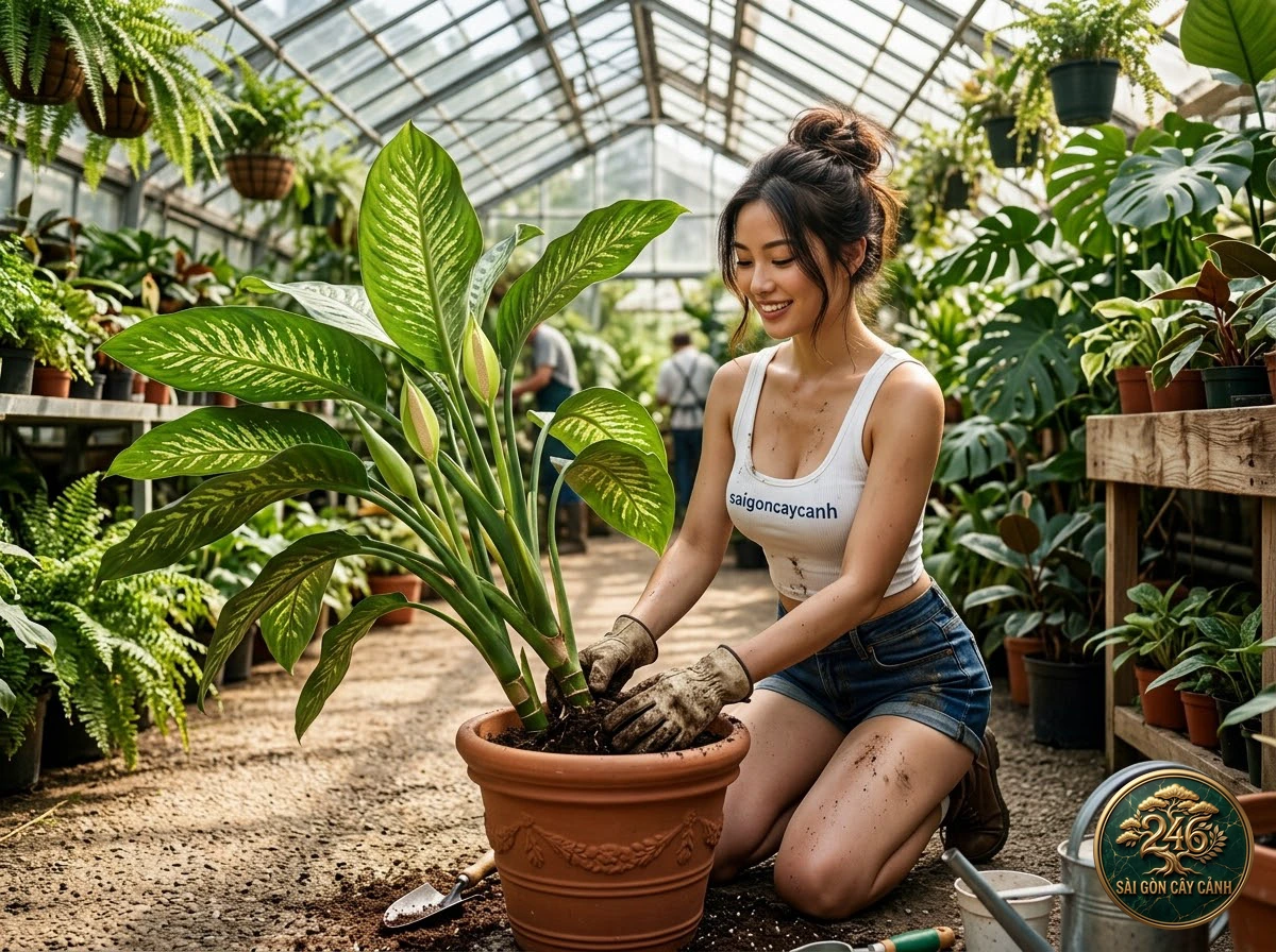 Khoảnh khắc chăm sóc Môn cảnh gân trắng sữa (Caladium lindenii) tại vườn ươm Sài Gòn Cây Cảnh