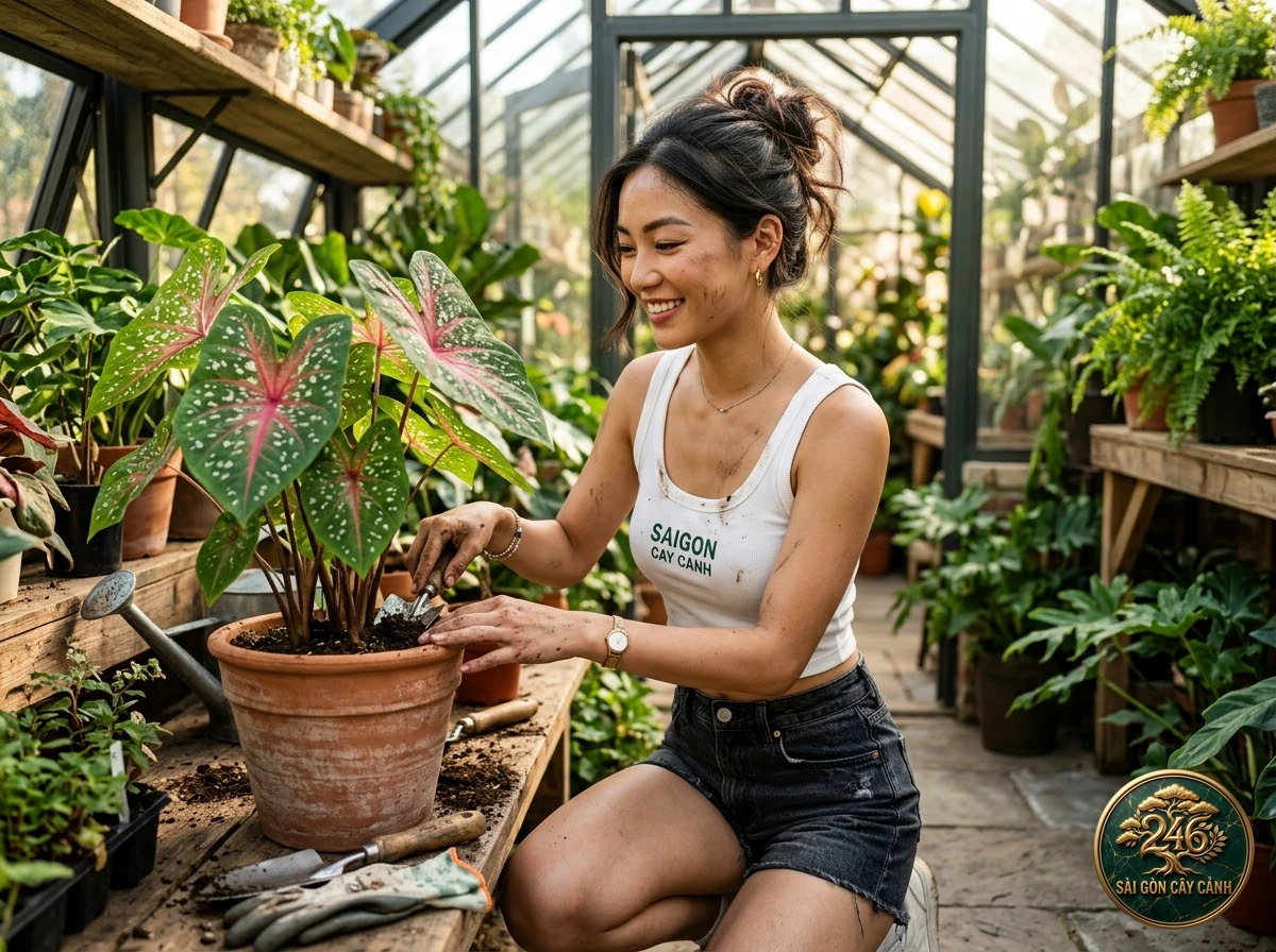 Khoảnh khắc chăm sóc Trầu bà vảy rồng bám đá (Rhaphidophora hayi) tại vườn ươm Sài Gòn Cây Cảnh