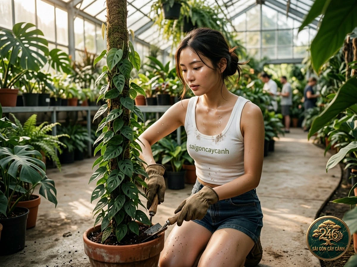 Hands-on plant care moments with Snowflower peace lily (Spathiphyllum floribundum) at Saigon Cay Canh